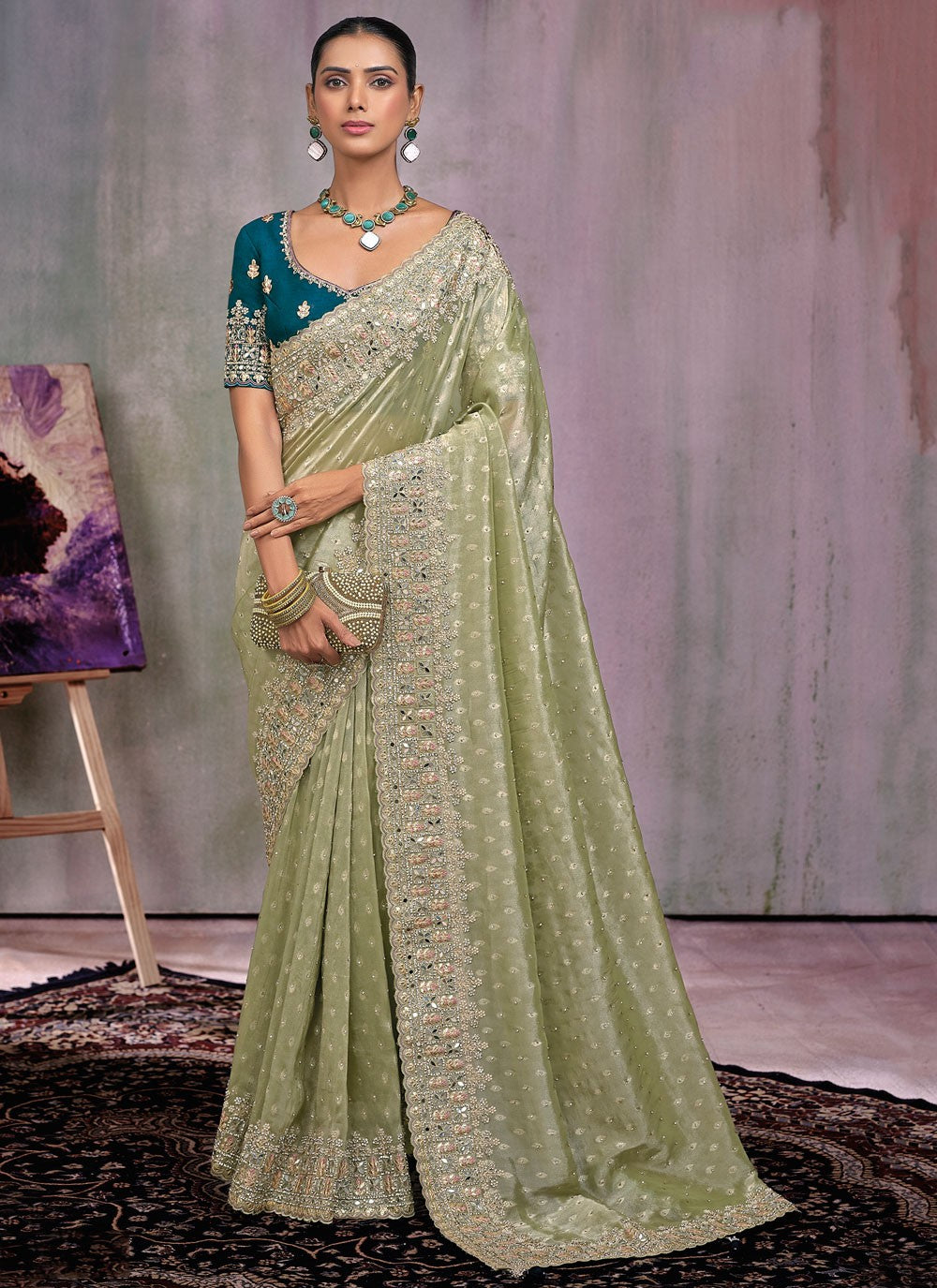 Green Kanjivaram Silk Contemporary Saree Buttis, Embroidered, Mirror, Moti, Zari, Zircon S15789