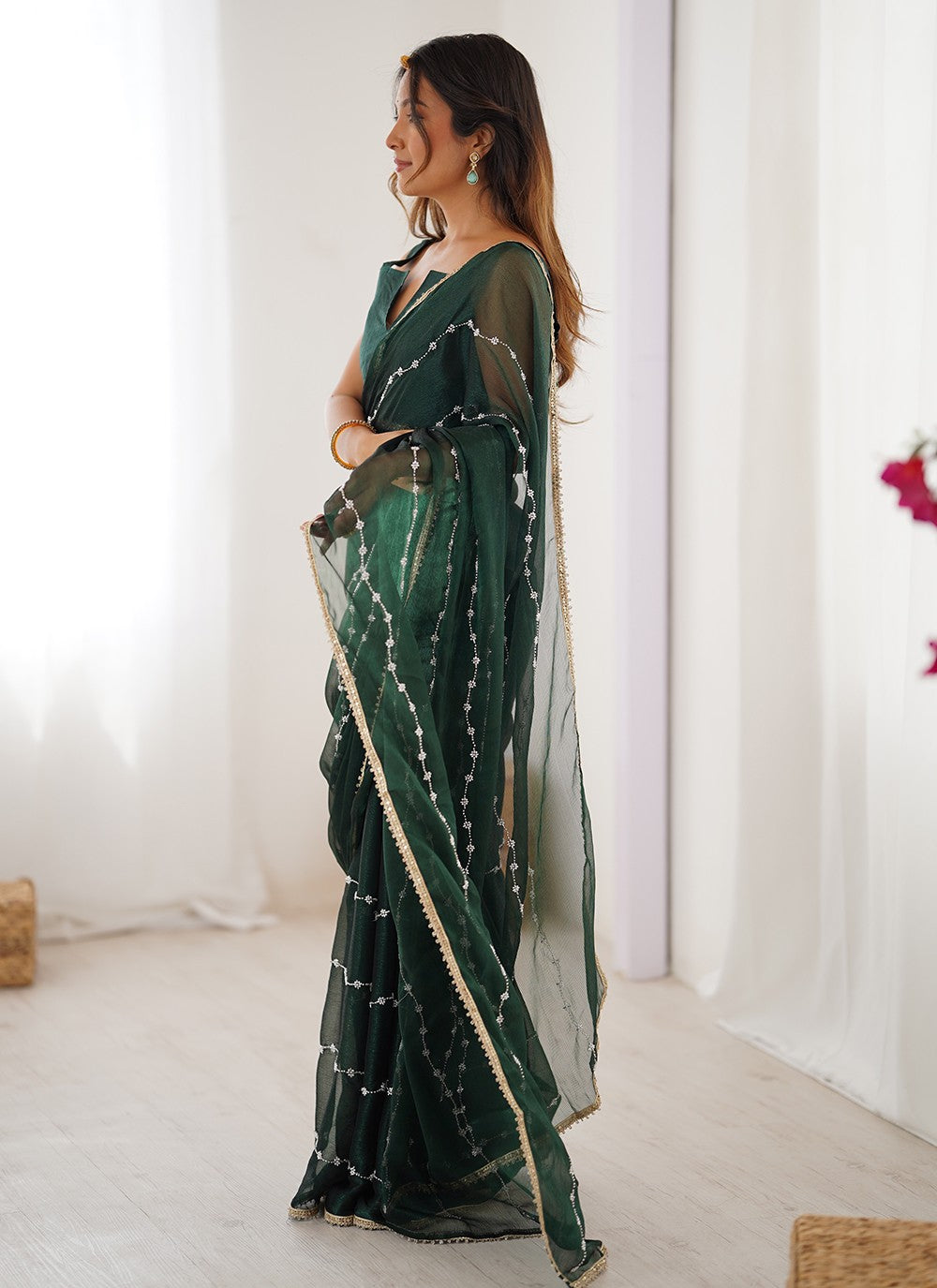 Green Chiffon Contemporary Saree Beads, Lace, Moti S16281
