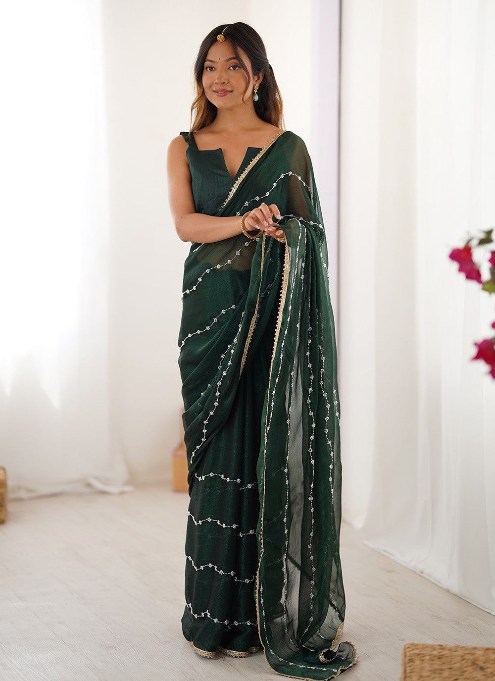 Green Chiffon Contemporary Saree Beads, Lace, Moti S16281