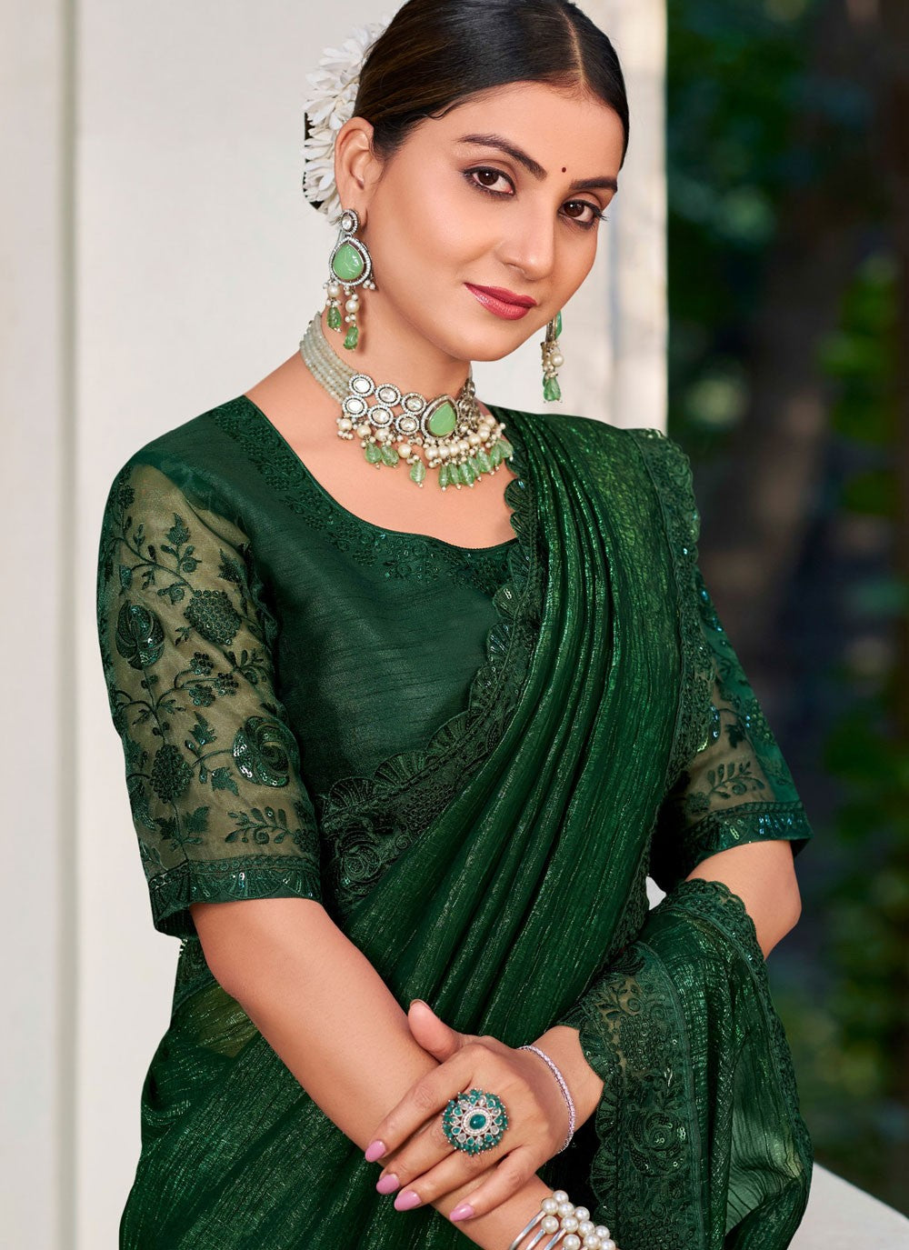 Green Silk Classic Saree Embroidered, Lace S20133