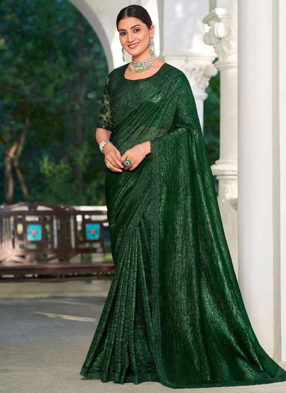 Green Silk Classic Saree Embroidered, Lace S20133