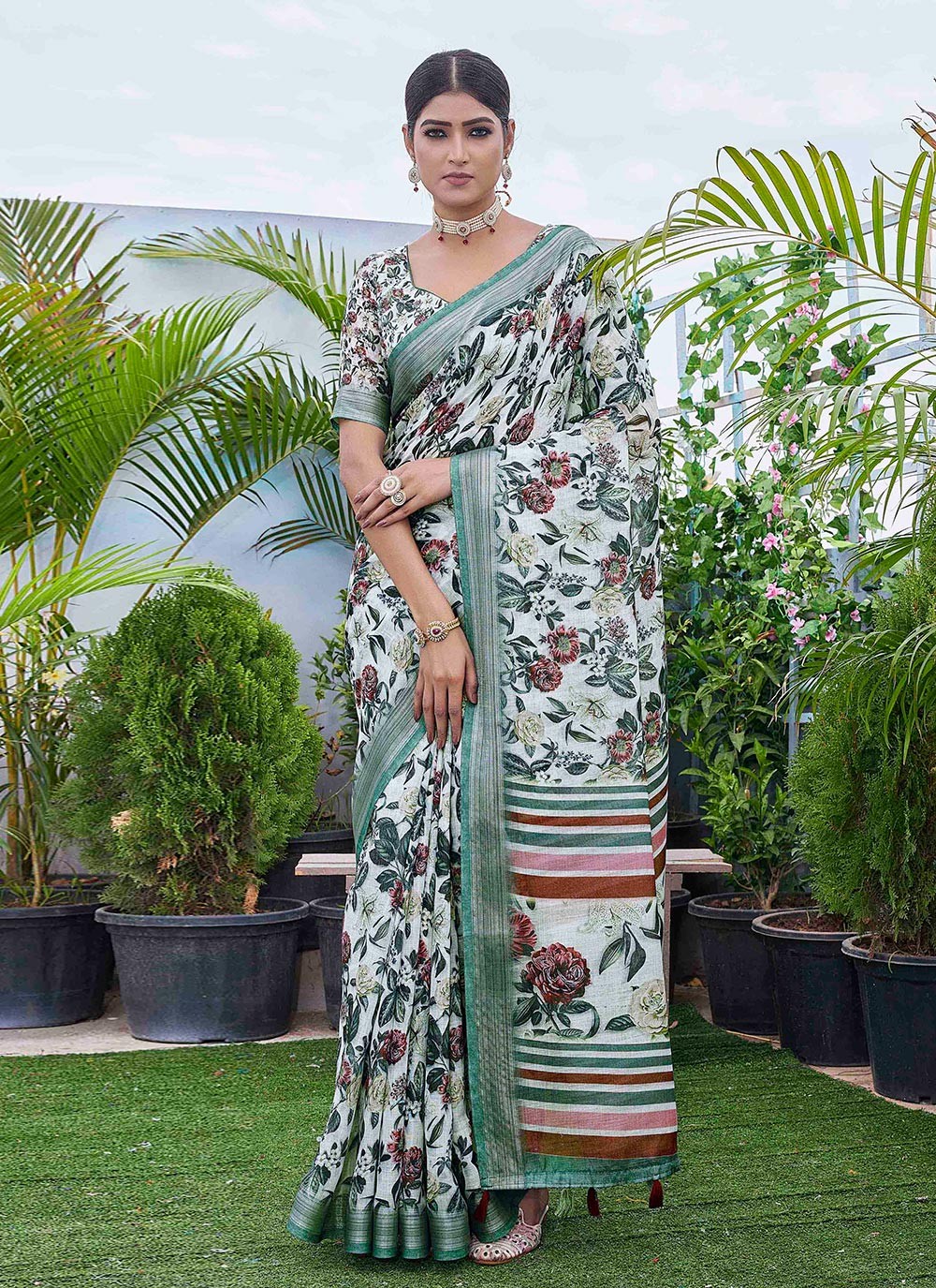 Classic Digital Print Linen Saree - S8986