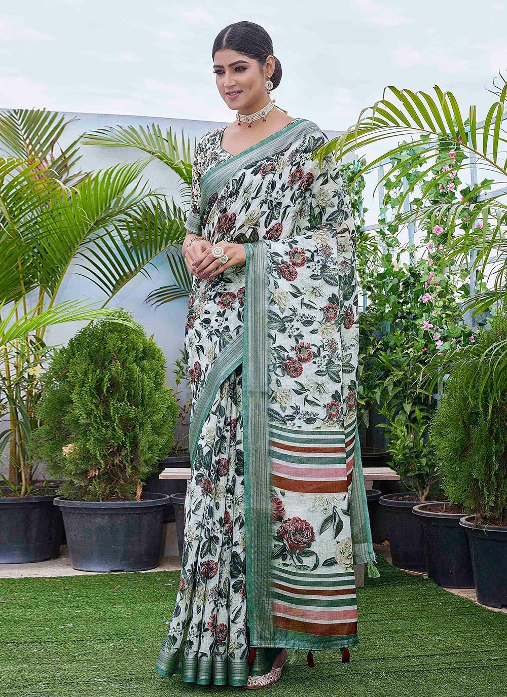 Classic Digital Print Linen Saree - S8986