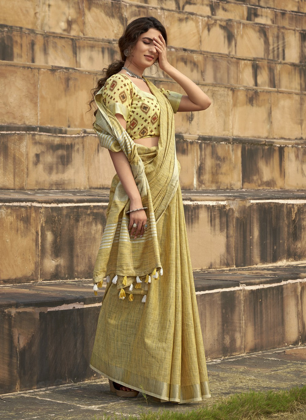 Classic Printed Linen, Silk Saree - S4119