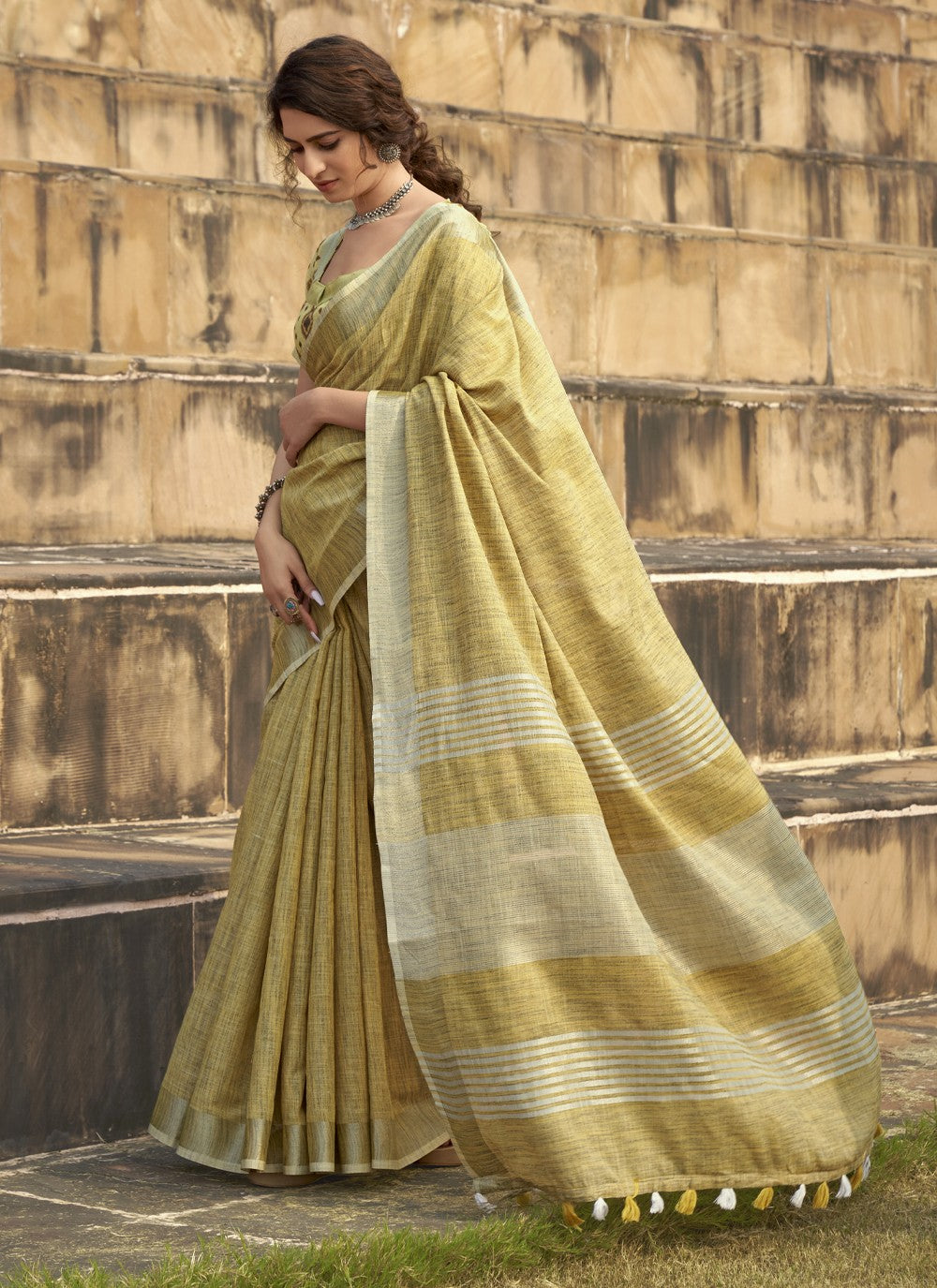 Classic Printed Linen, Silk Saree - S4119