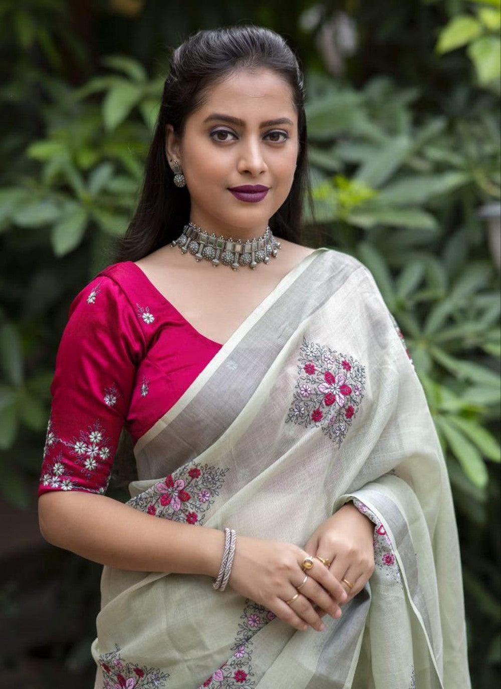 Trendy Printed Linen, Silk Saree - S6744