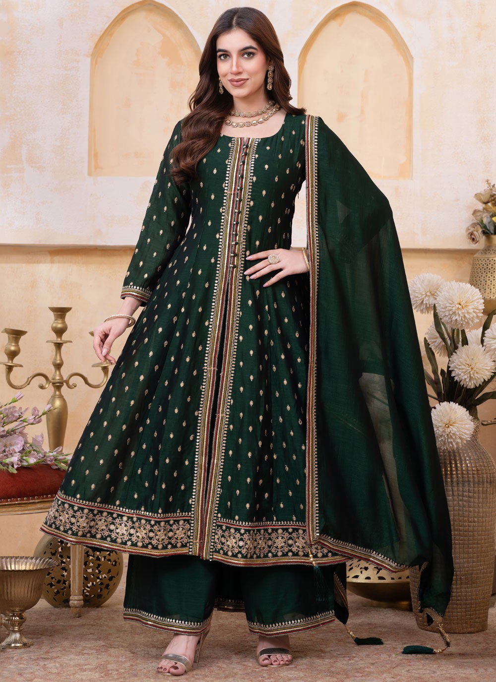 Palazzo Suit Embroidered, Sequins, Zari Green T8088