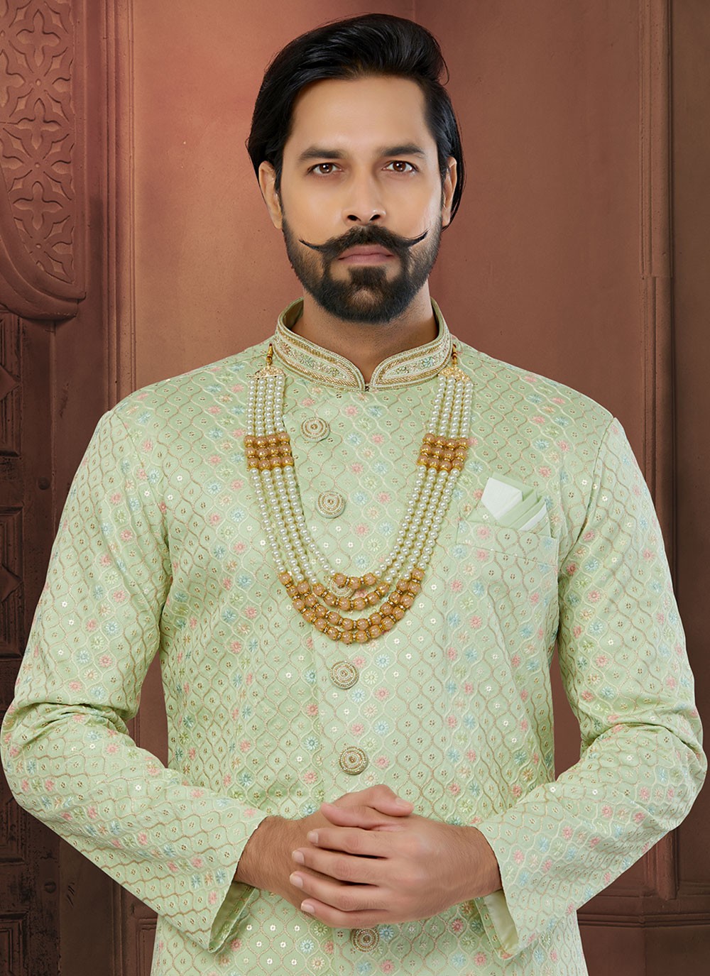 Chikankari Work Lucknowi Green Indo Western Sherwani - M5794