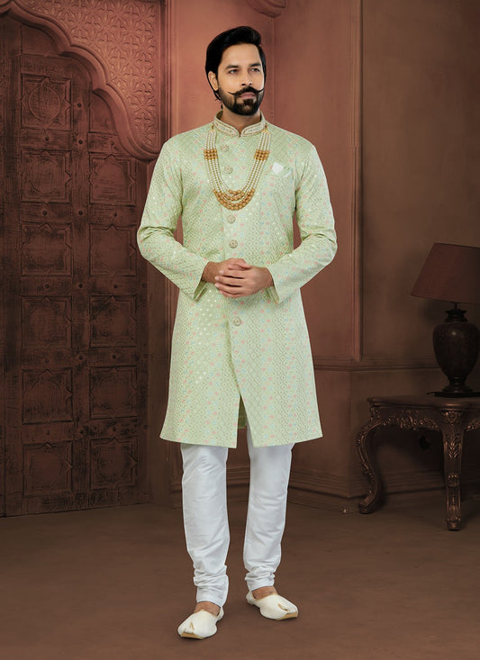 Chikankari Work Lucknowi Green Indo Western Sherwani - M5794
