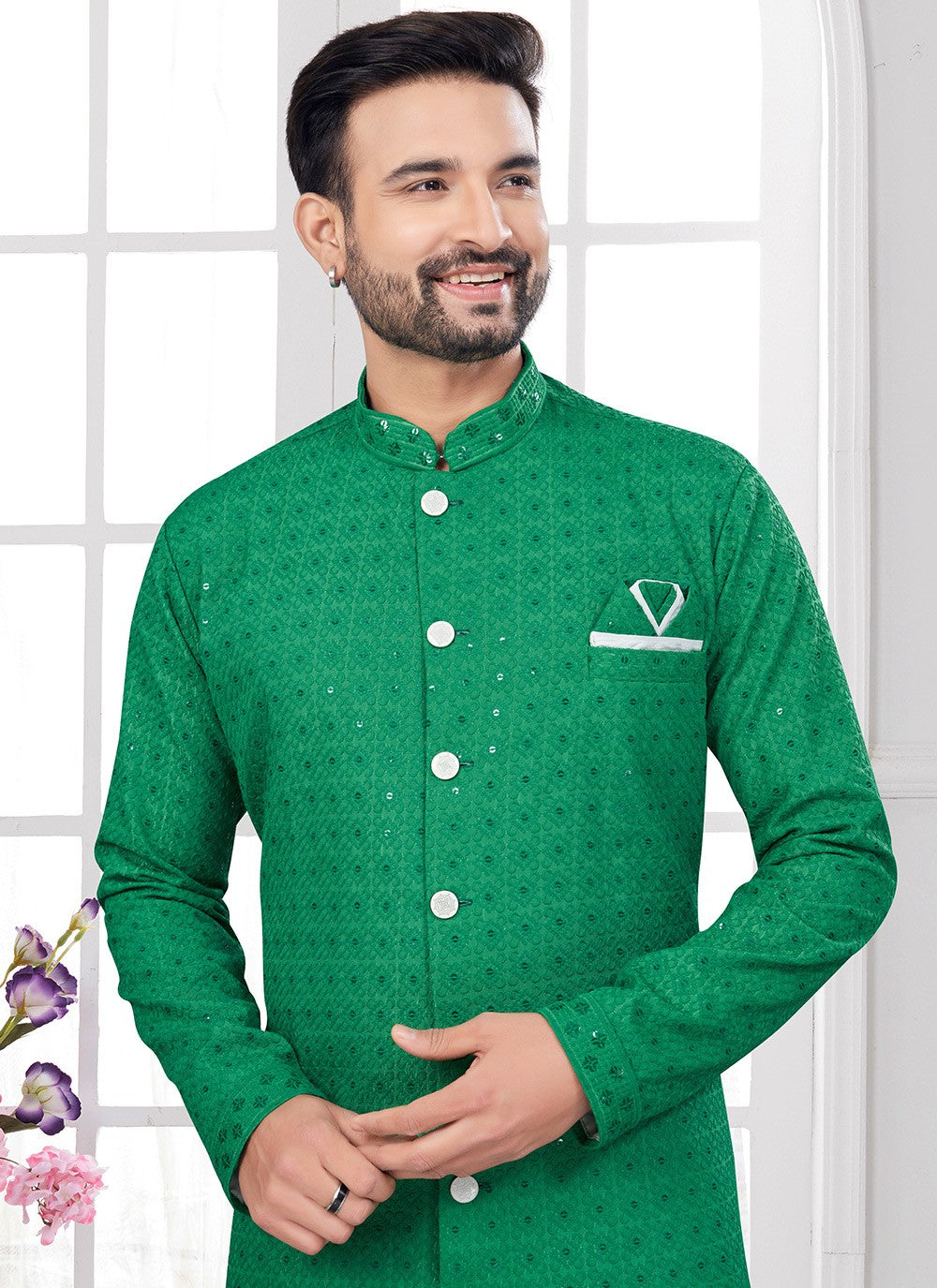 Chikankari Work Lucknowi, Rayon Green Indo Western Sherwani - M8629