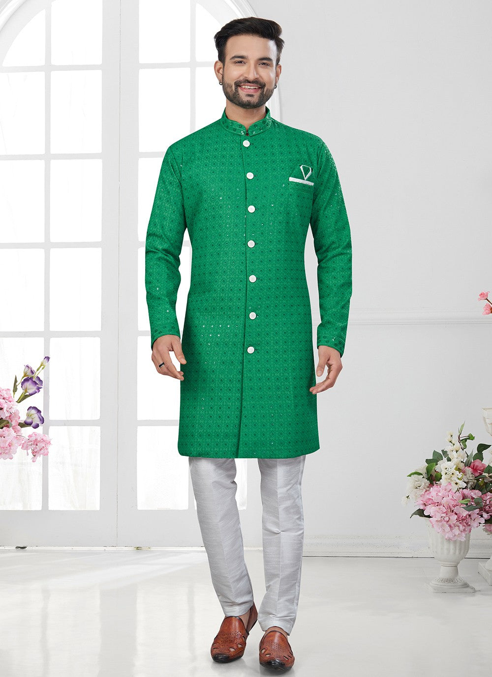 Chikankari Work Lucknowi, Rayon Green Indo Western Sherwani - M8629