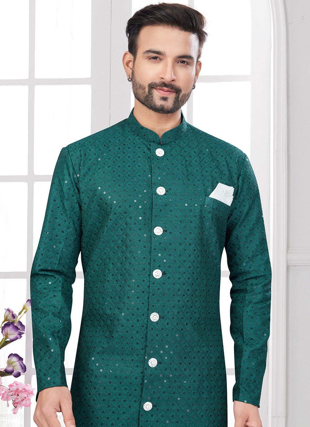 Chikankari Work Lucknowi, Rayon Green Indo Western Sherwani - M8631