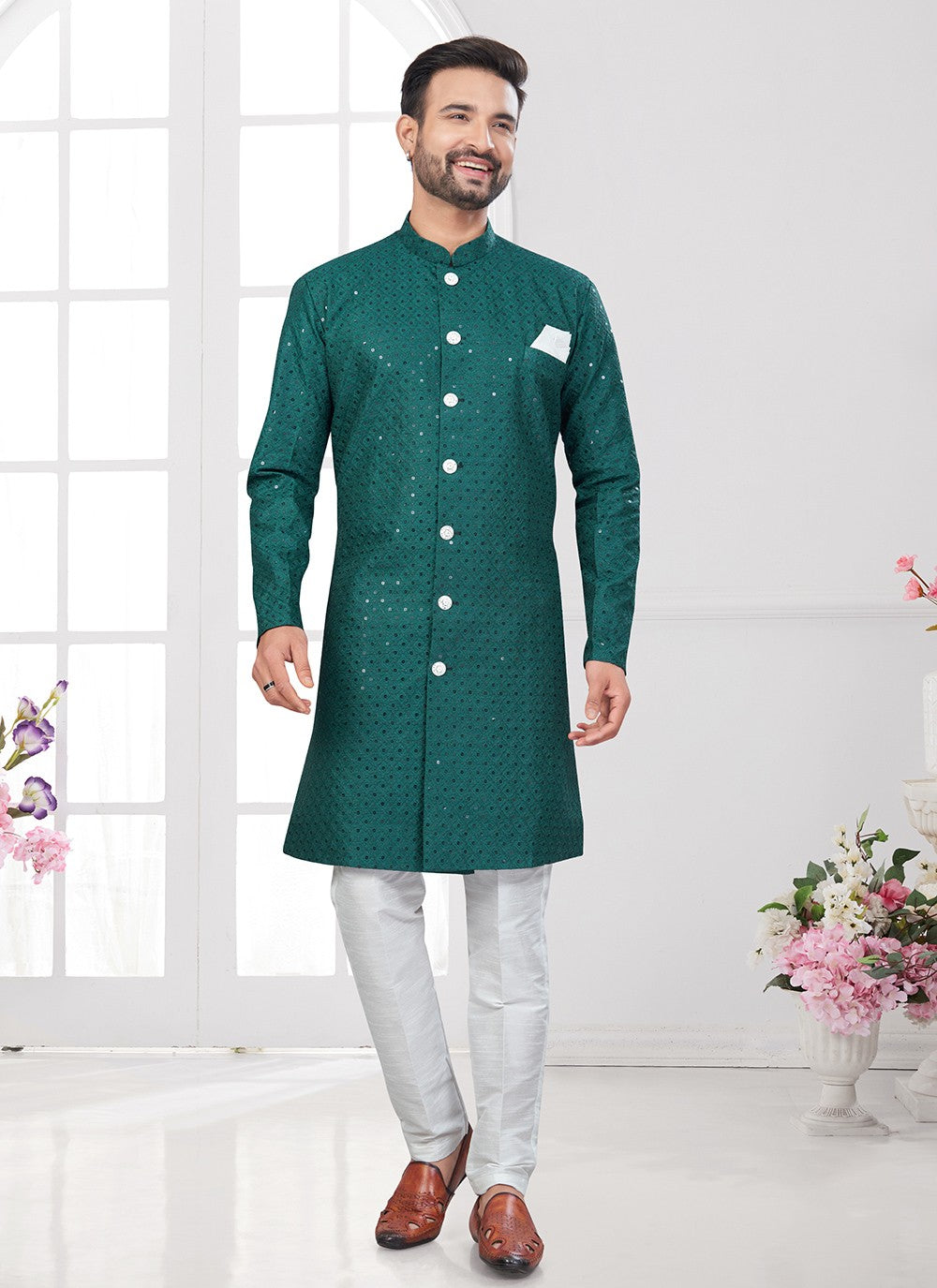 Chikankari Work Lucknowi, Rayon Green Indo Western Sherwani - M8631