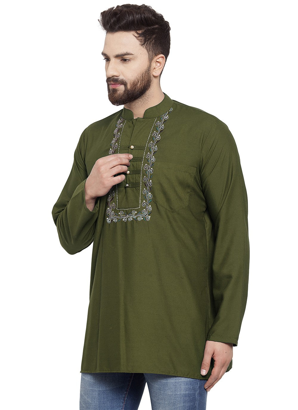 Machine Embroidery Blended Cotton Green Short Kurta - M5726