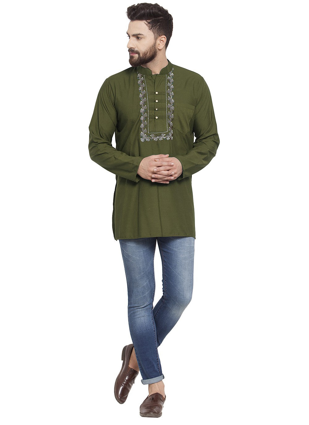 Machine Embroidery Blended Cotton Green Short Kurta - M5726