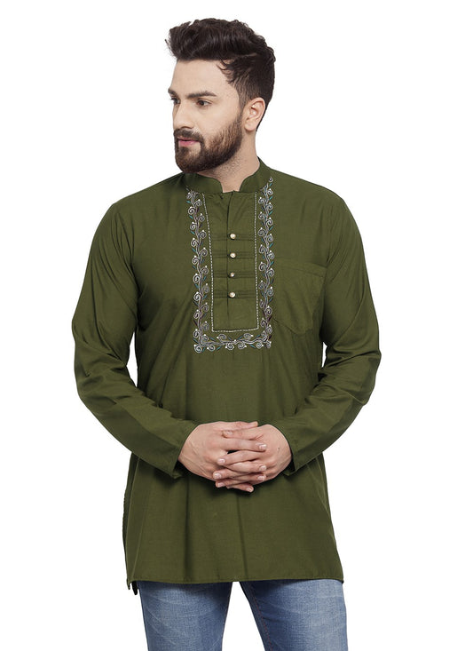 Machine Embroidery Blended Cotton Green Short Kurta - M5726