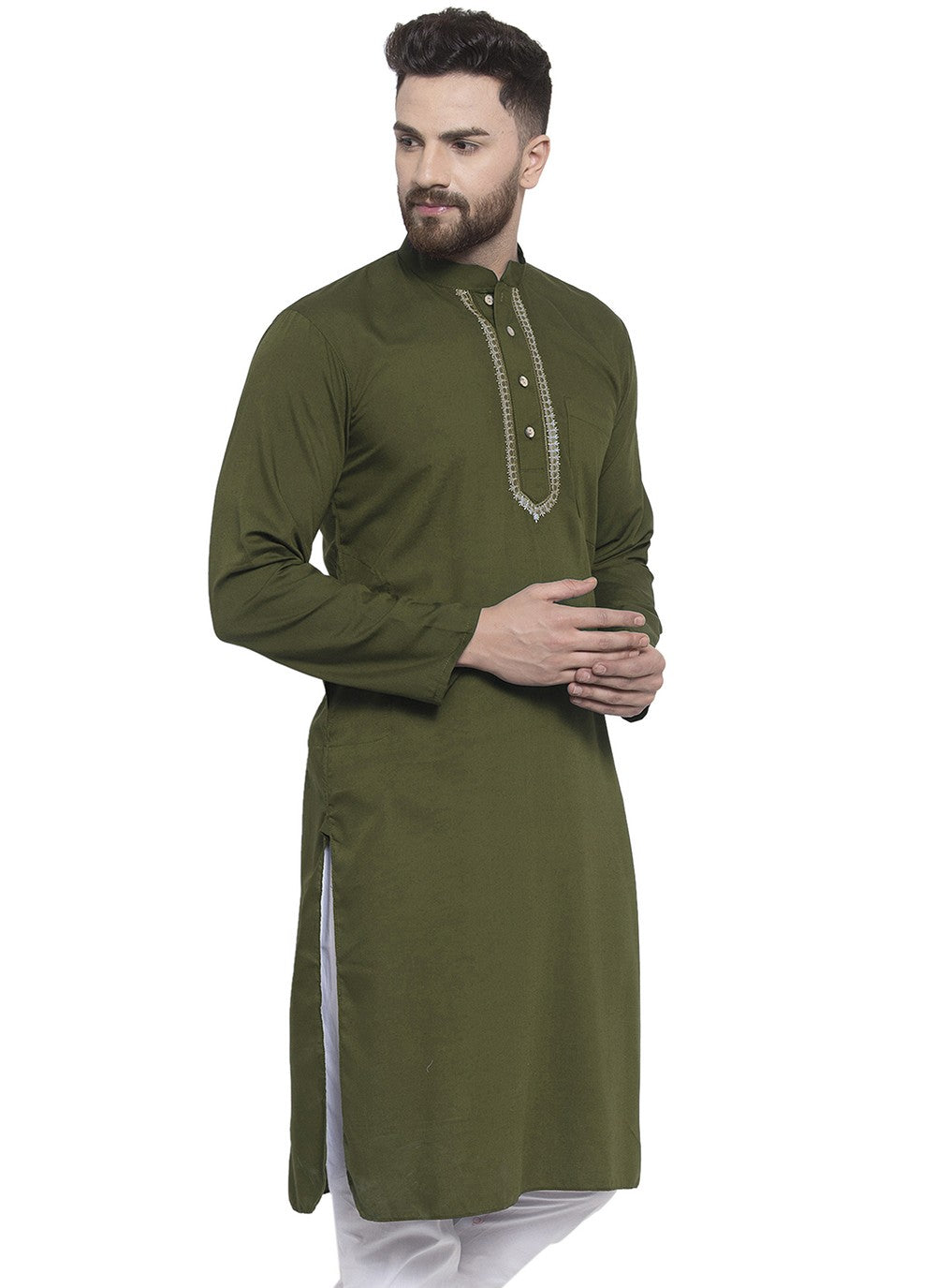 Machine Embroidery Blended Cotton Green Kurta - M5658