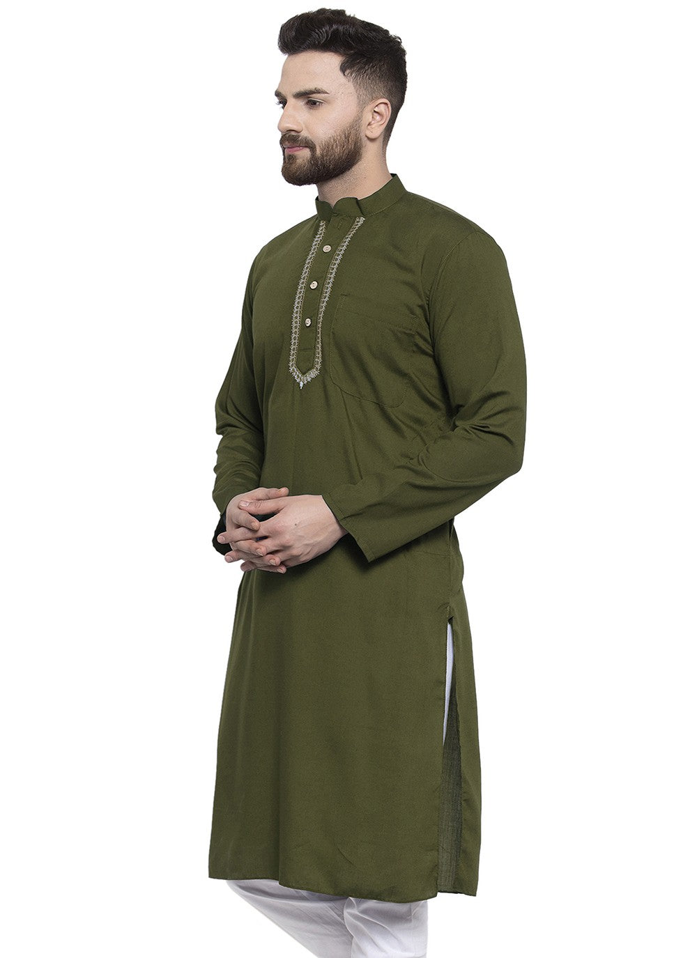 Machine Embroidery Blended Cotton Green Kurta - M5658