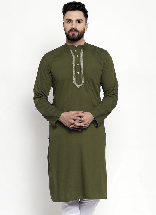 Machine Embroidery Blended Cotton Green Kurta - M5658