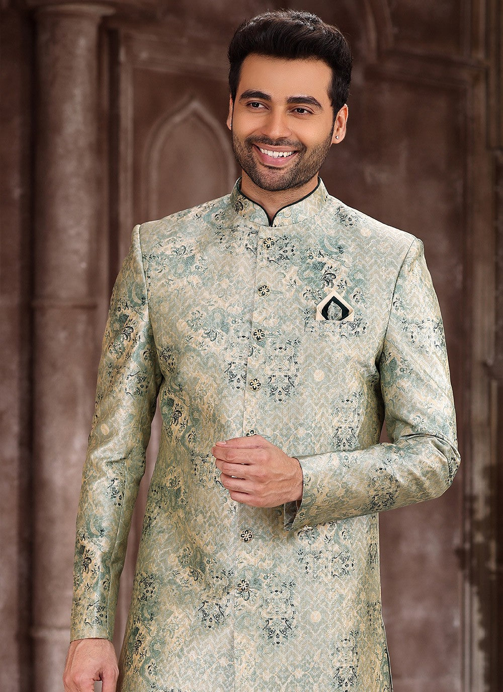 Printed Art Silk Green Indo Western - M5292