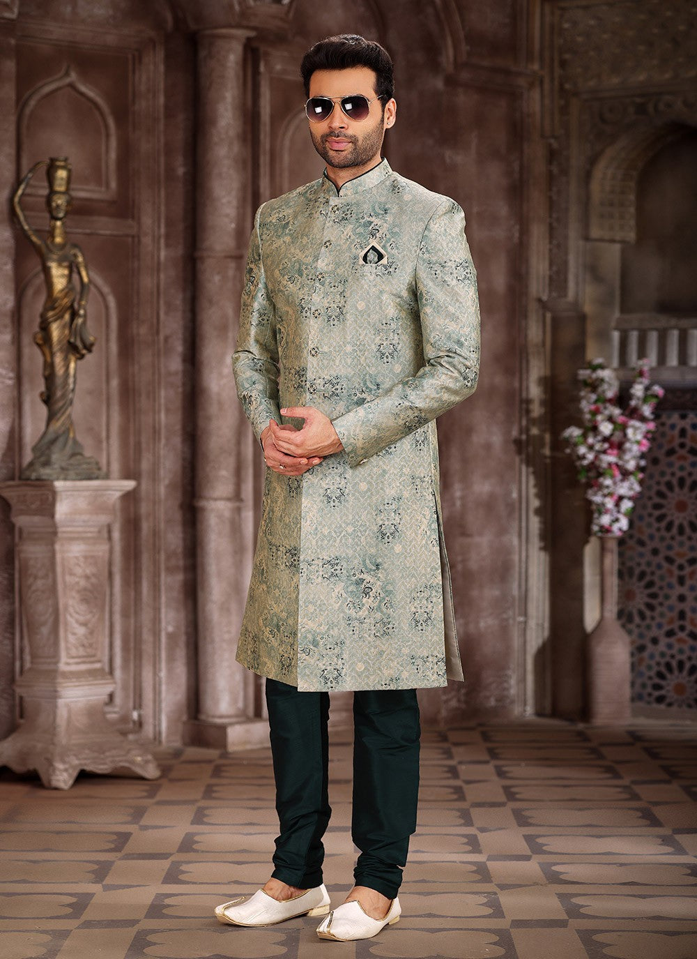 Printed Art Silk Green Indo Western - M5292