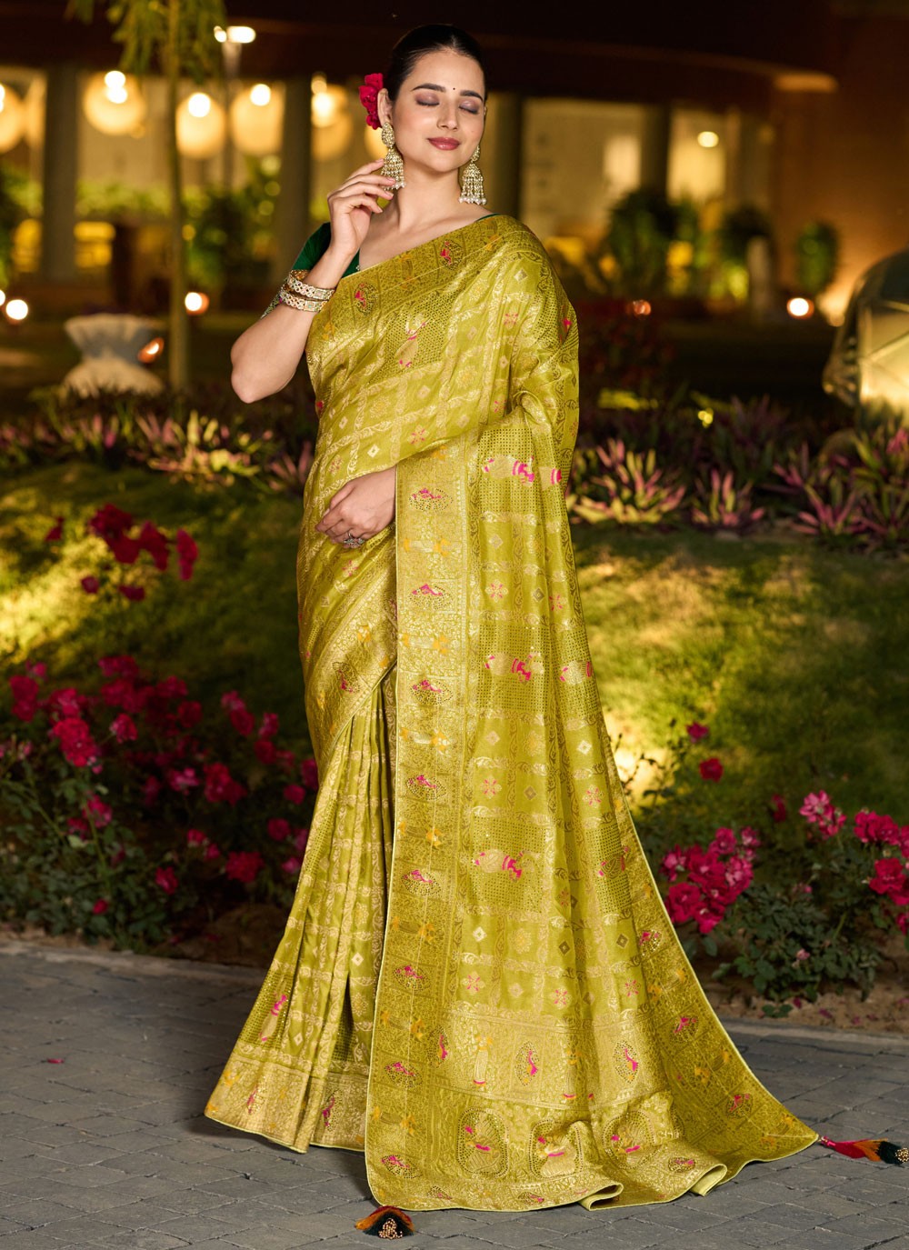 Green Pure Dola Designer Saree Fancy Work, Stones, Woven S17325