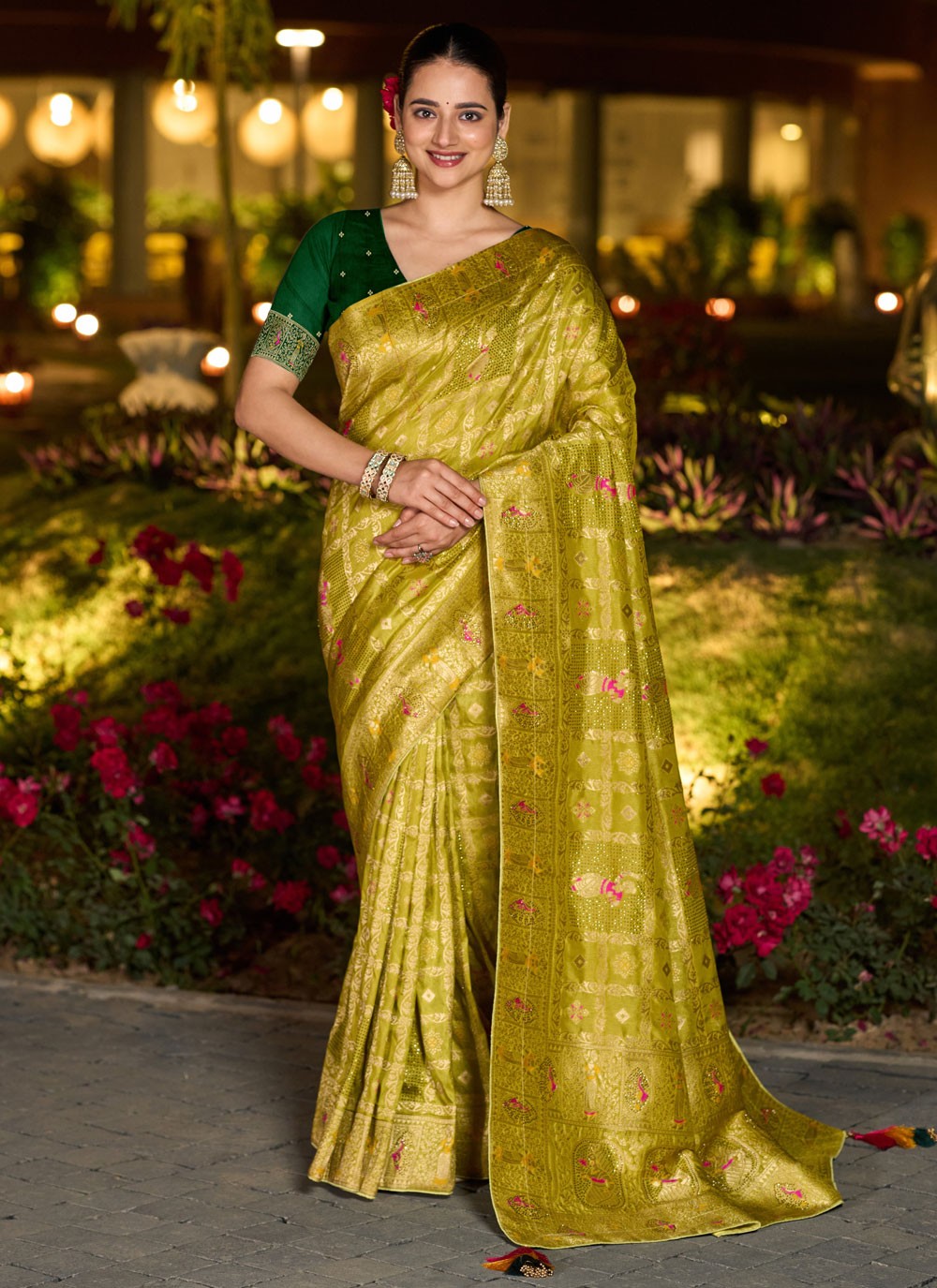 Green Pure Dola Designer Saree Fancy Work, Stones, Woven S17325