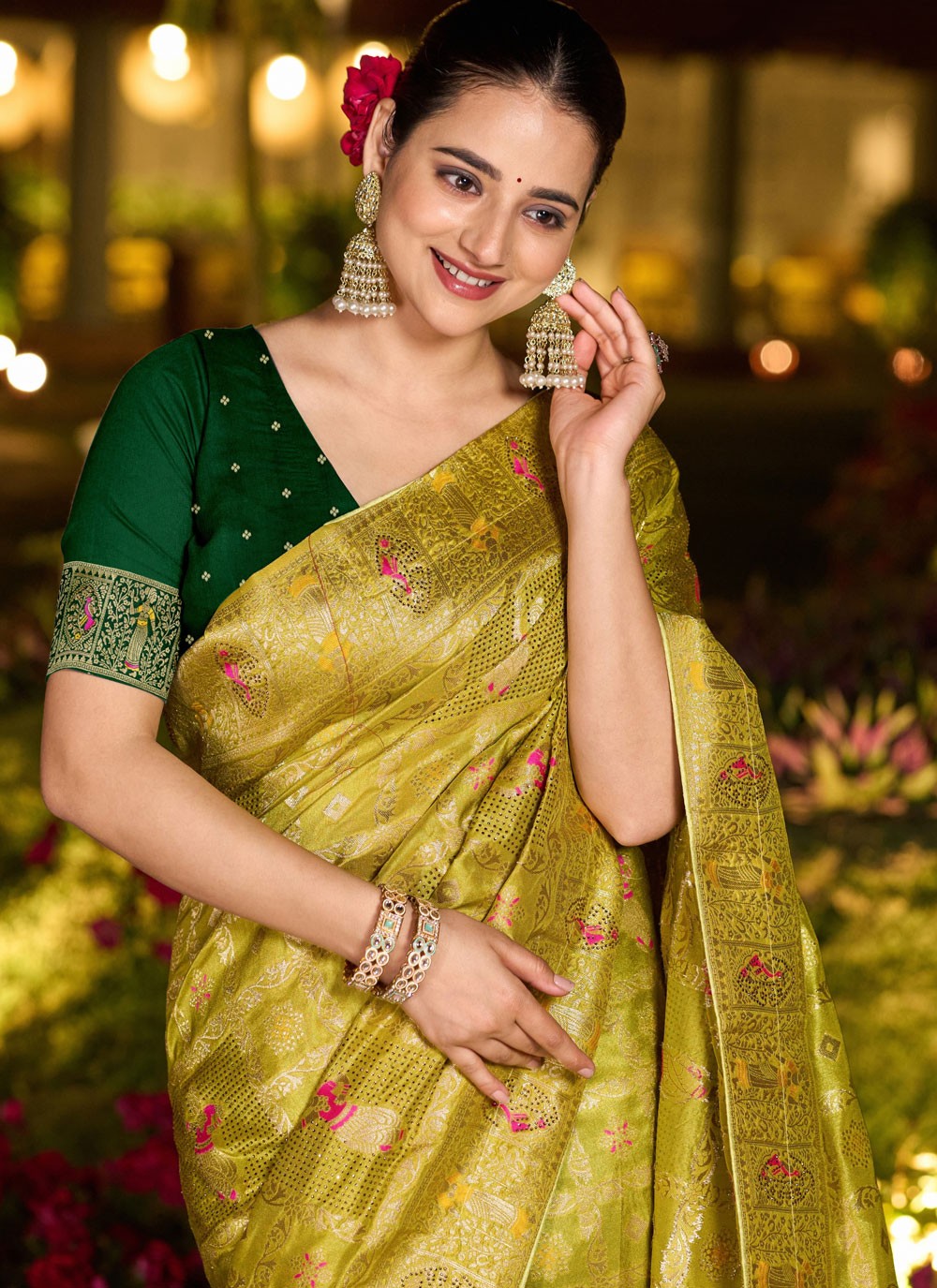 Green Pure Dola Designer Saree Fancy Work, Stones, Woven S17325