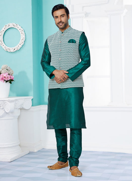 Resham Thread Work Dupion Silk, Viscose Green Kurta Payjama With Jacket - M5474