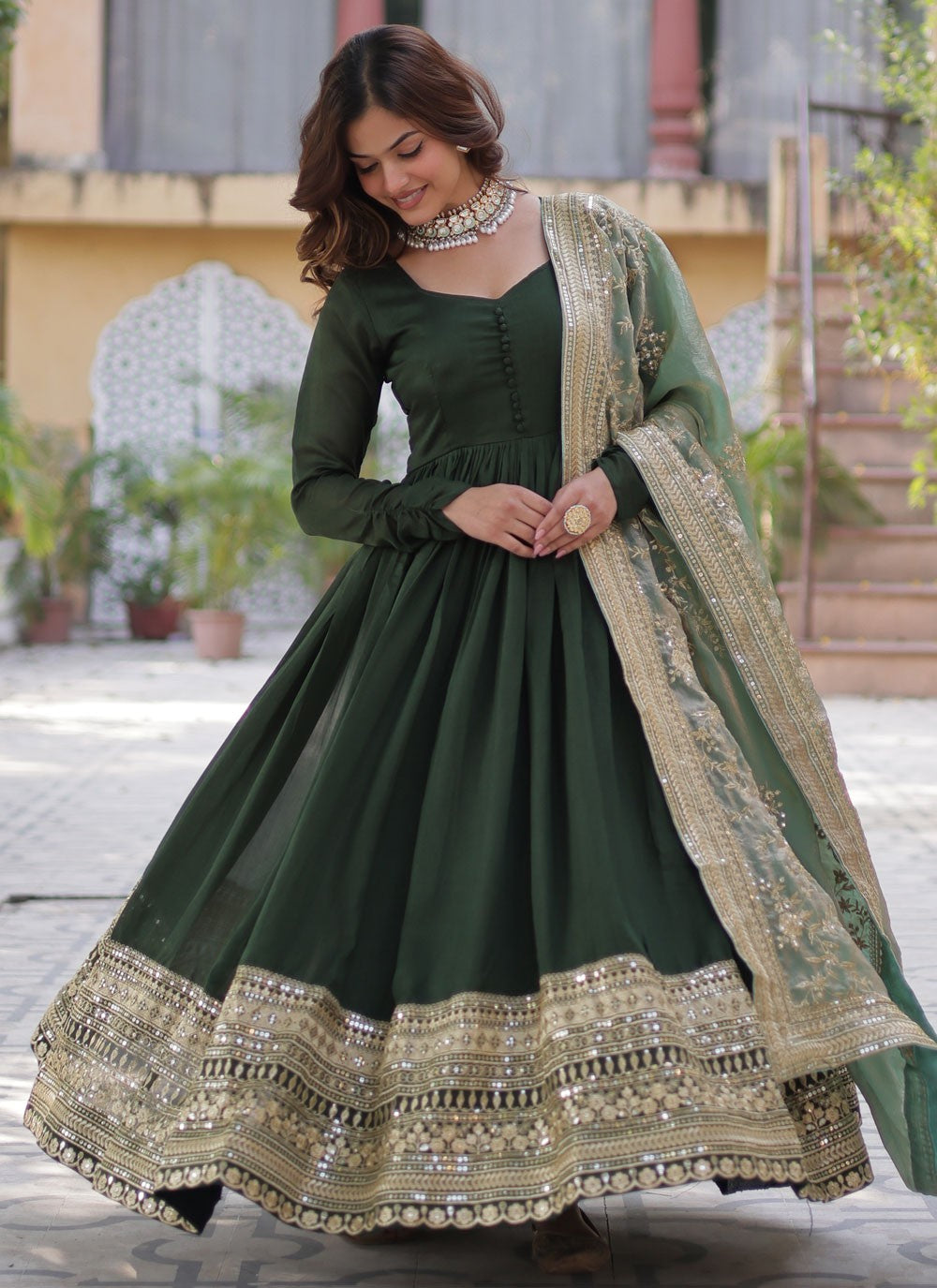 Embroidered Shimmer Green Gown G19802