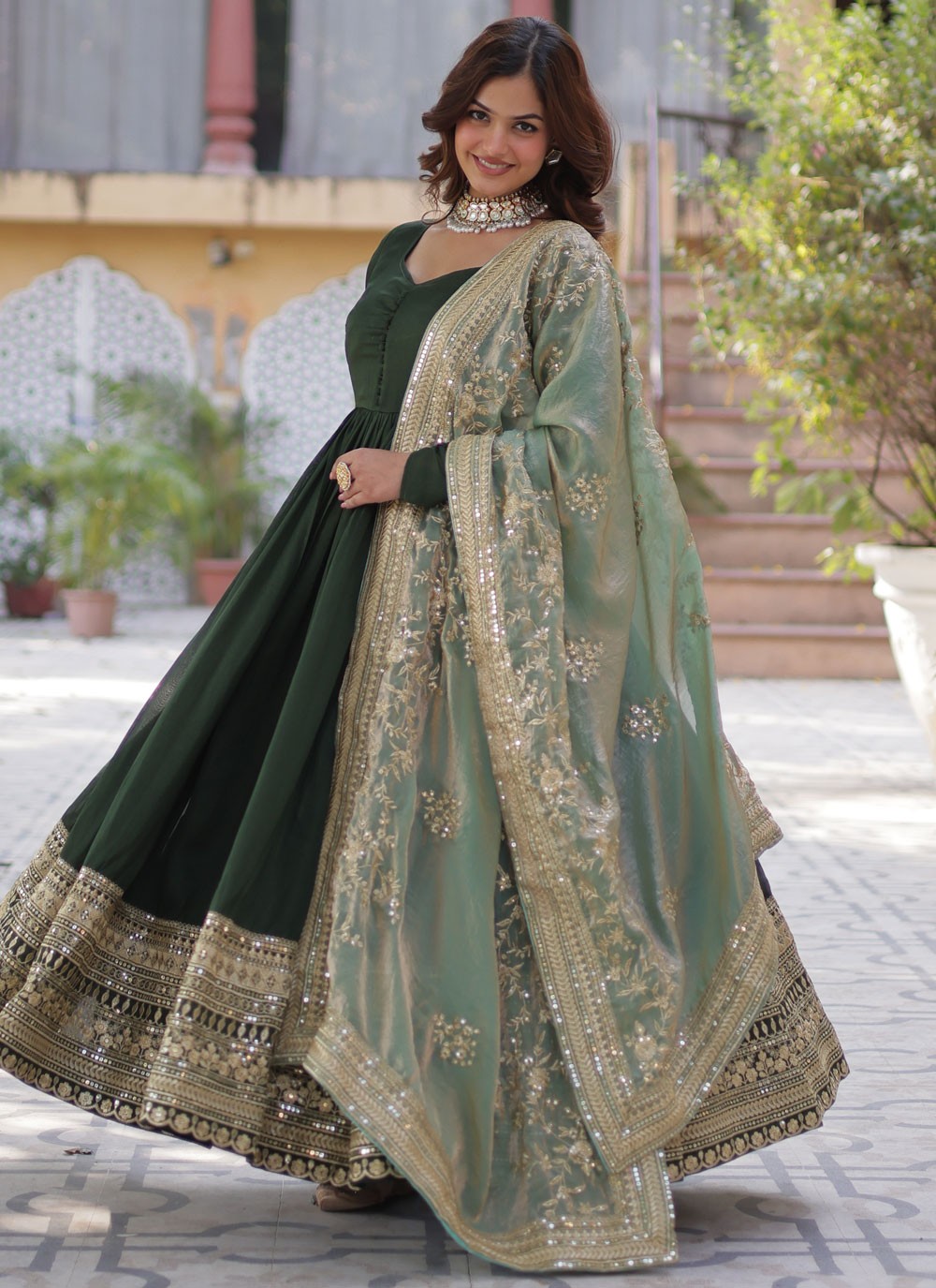 Embroidered Shimmer Green Gown G19802