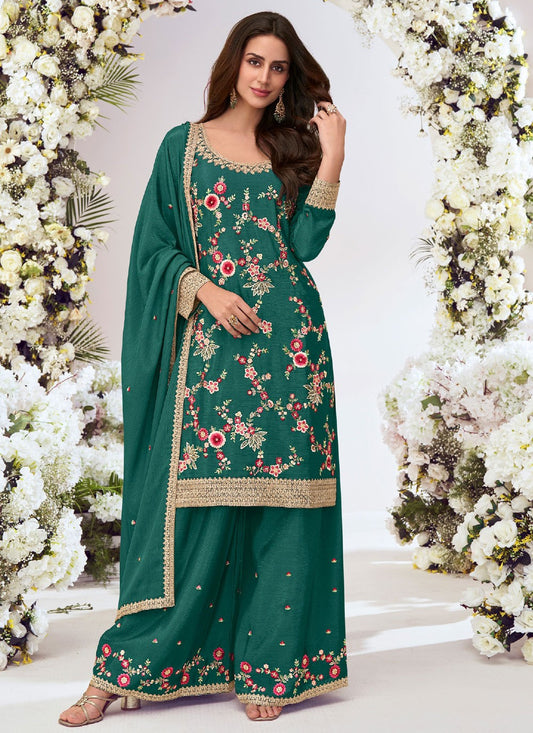 Palazzo Suit Embroidered, Zari Green T8063