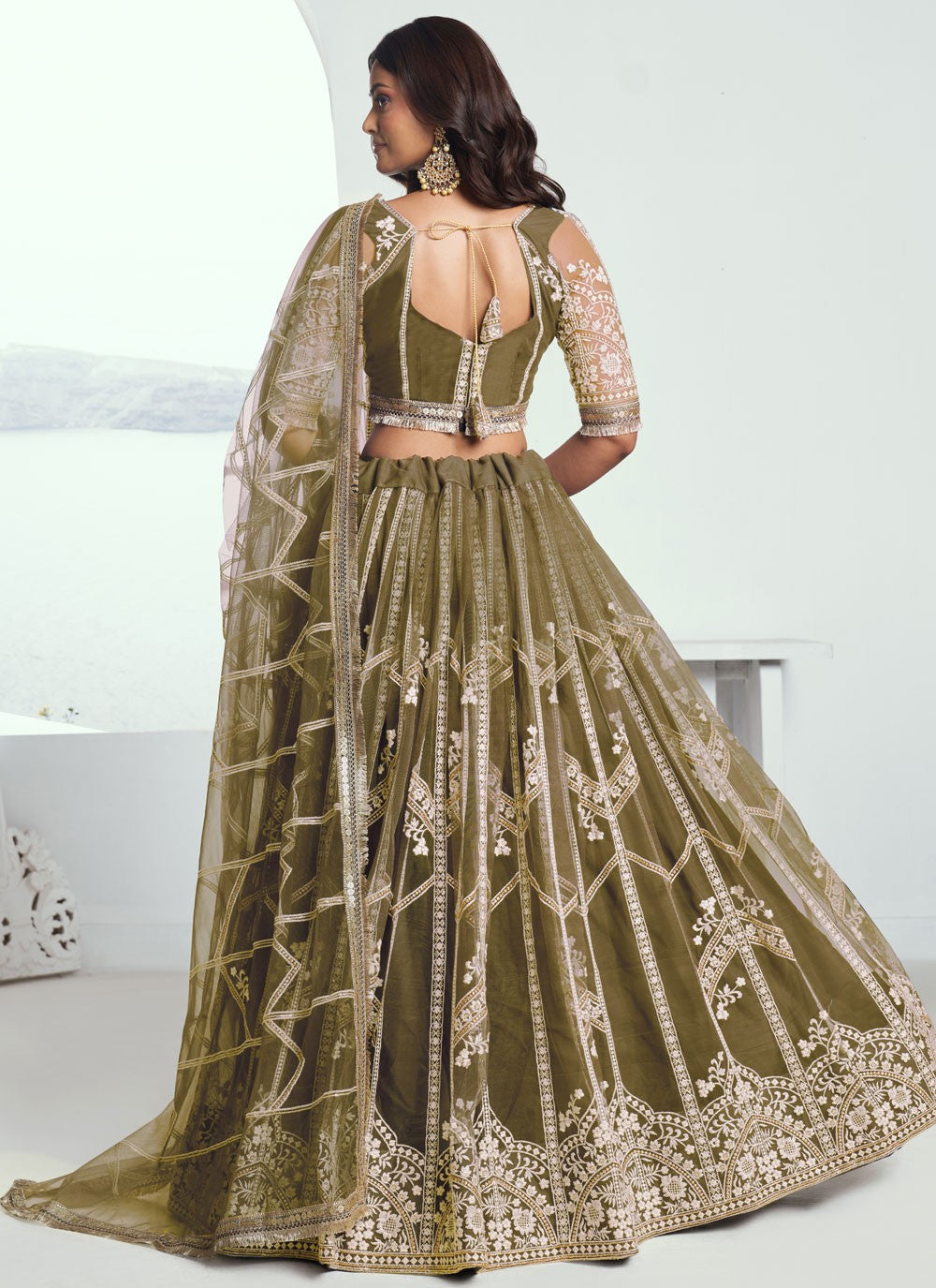 Embroidered Net Green A - Line Lehenga  L3776
