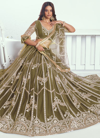 Embroidered Net Green A - Line Lehenga  L3776