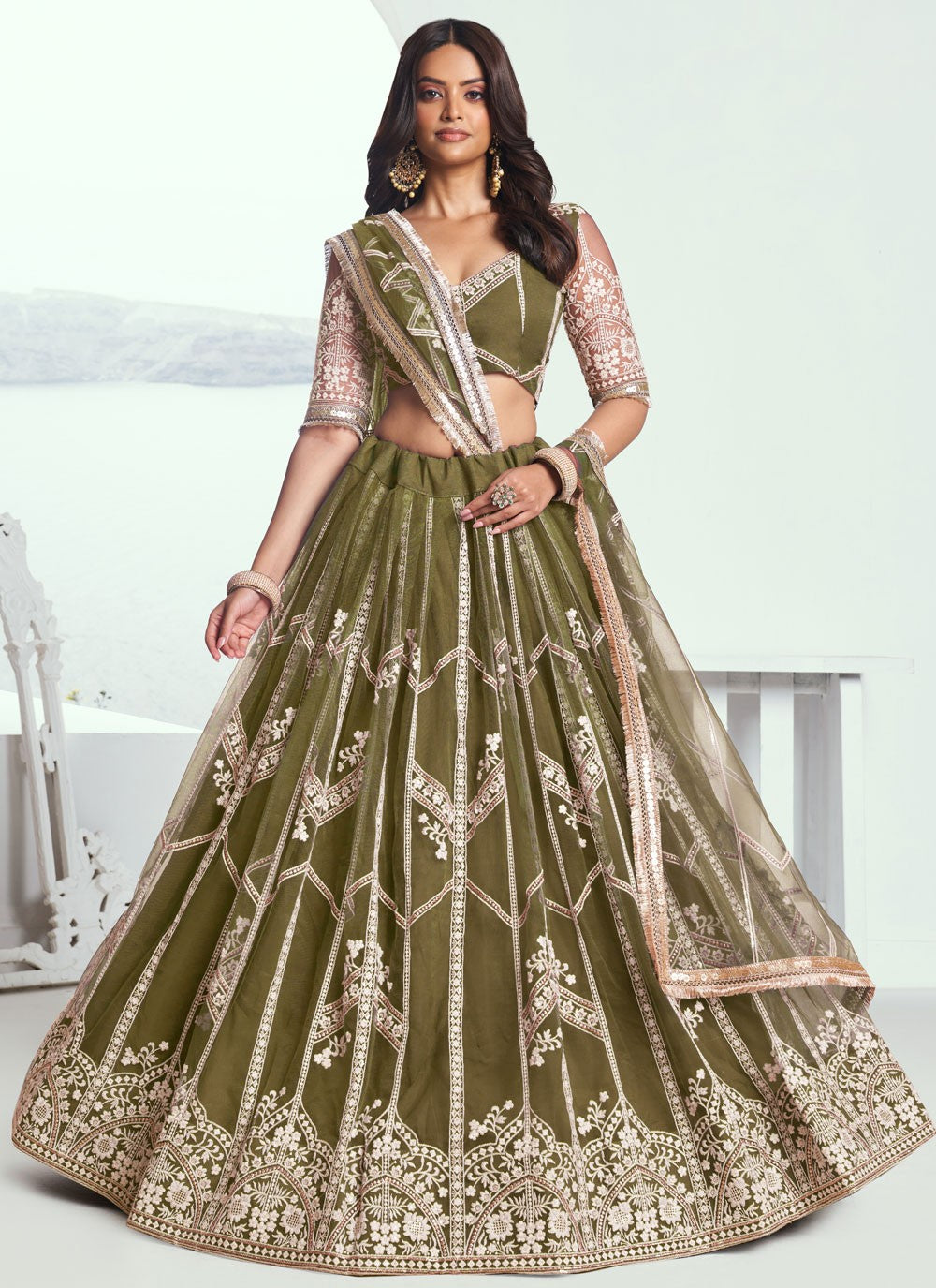 Embroidered Net Green A - Line Lehenga  L3776