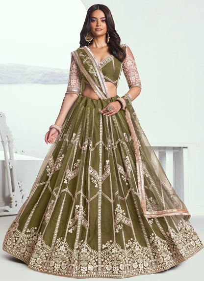 Embroidered Net Green A - Line Lehenga  L3776
