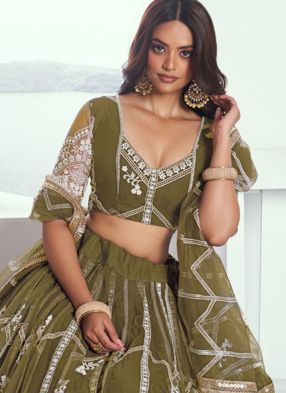 Embroidered Net Green A - Line Lehenga  L3776