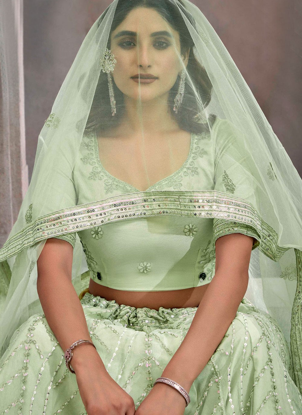 Embroidered Net Green Lehenga - L3245
