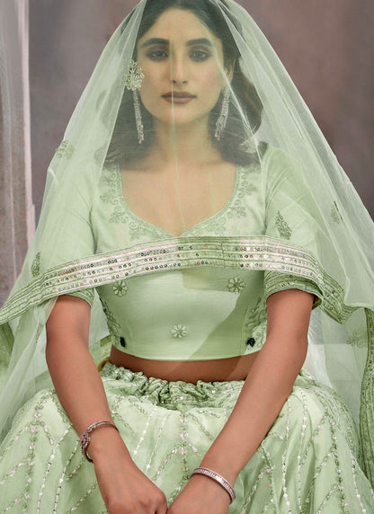 Embroidered Net Green Lehenga - L3245