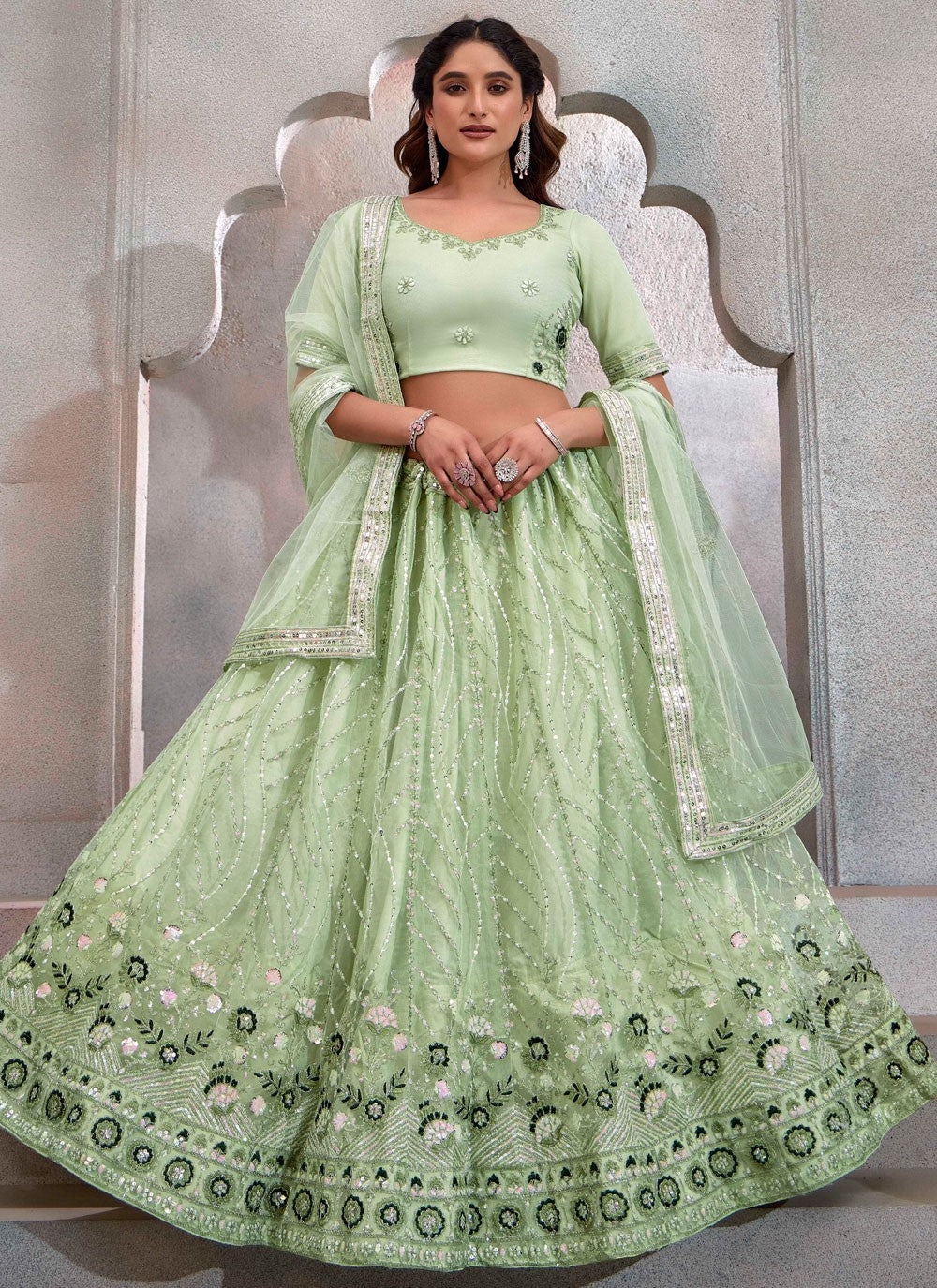 Embroidered Net Green Lehenga - L3245