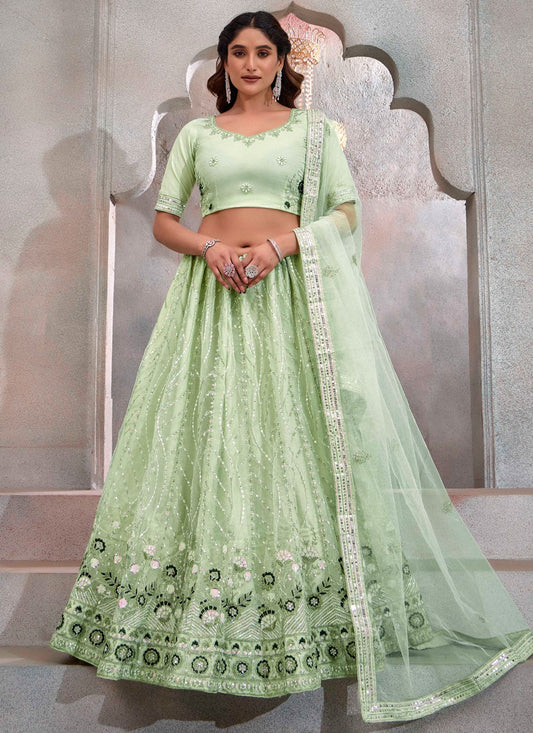 Embroidered Net Green Lehenga - L3245