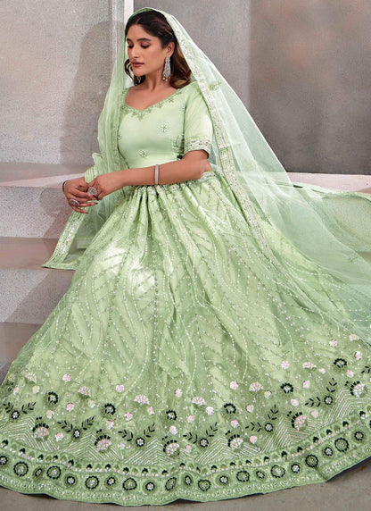 Embroidered Net Green Lehenga - L3245