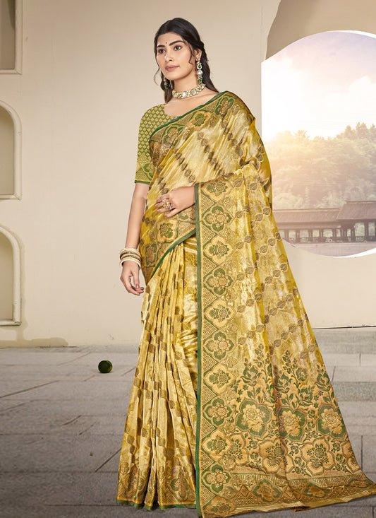 Weaving Zari Organza Green Saree S14563