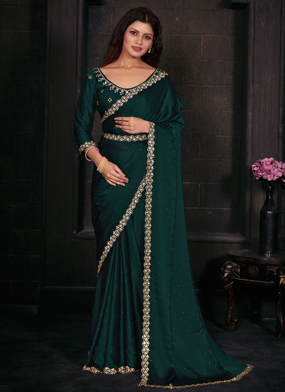 Contemporary Zircon Georgette Satin Saree - S5674