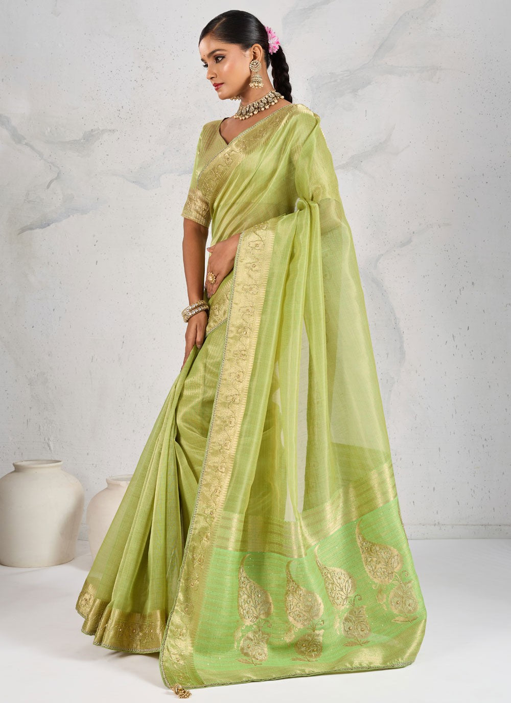 Green Linen Contemporary Saree Pearls, Thread, Woven, Zardosi S18172