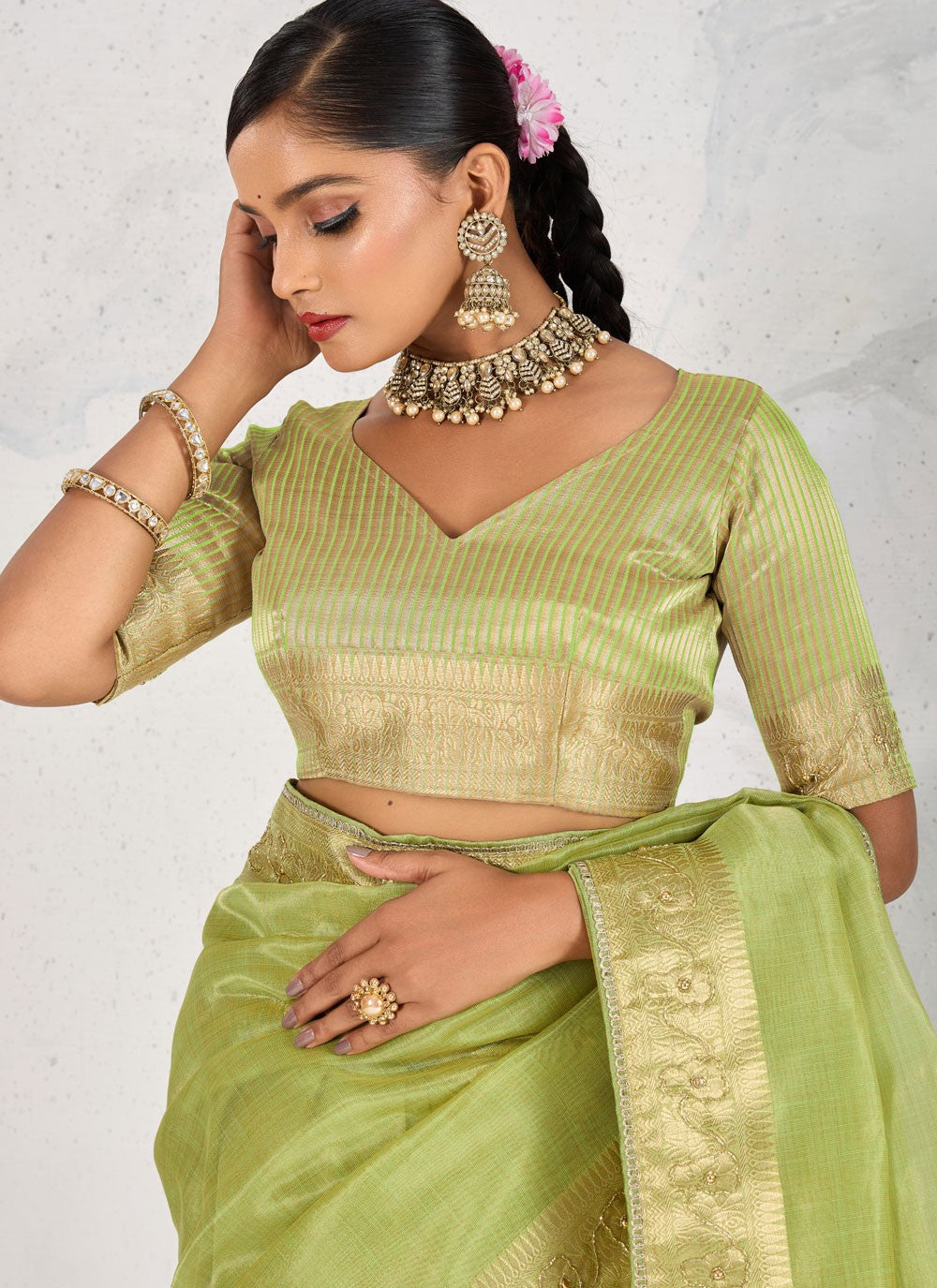 Green Linen Contemporary Saree Pearls, Thread, Woven, Zardosi S18172