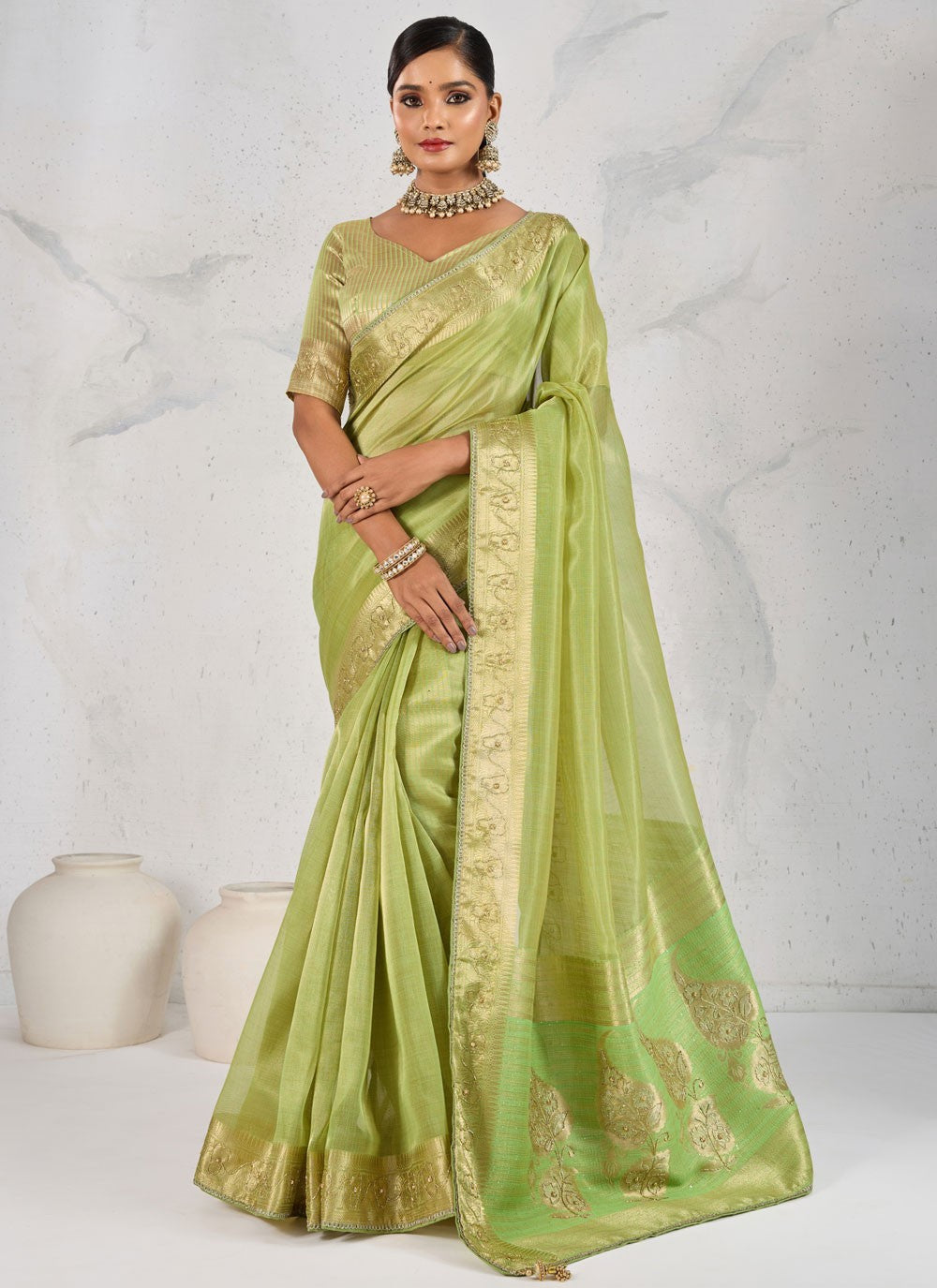 Green Linen Contemporary Saree Pearls, Thread, Woven, Zardosi S18172