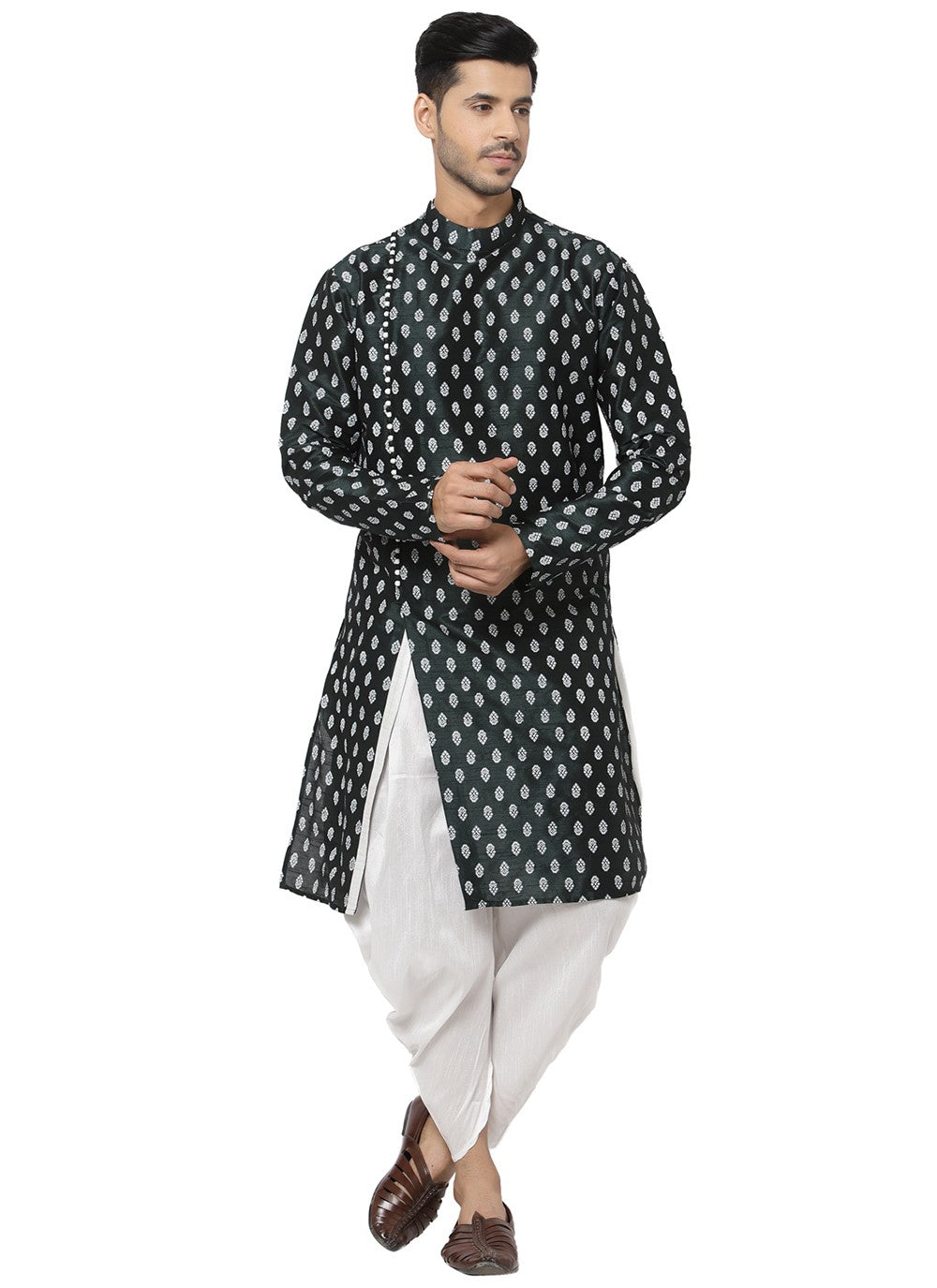 Printed Dupion Silk Green Angrakha - M3197