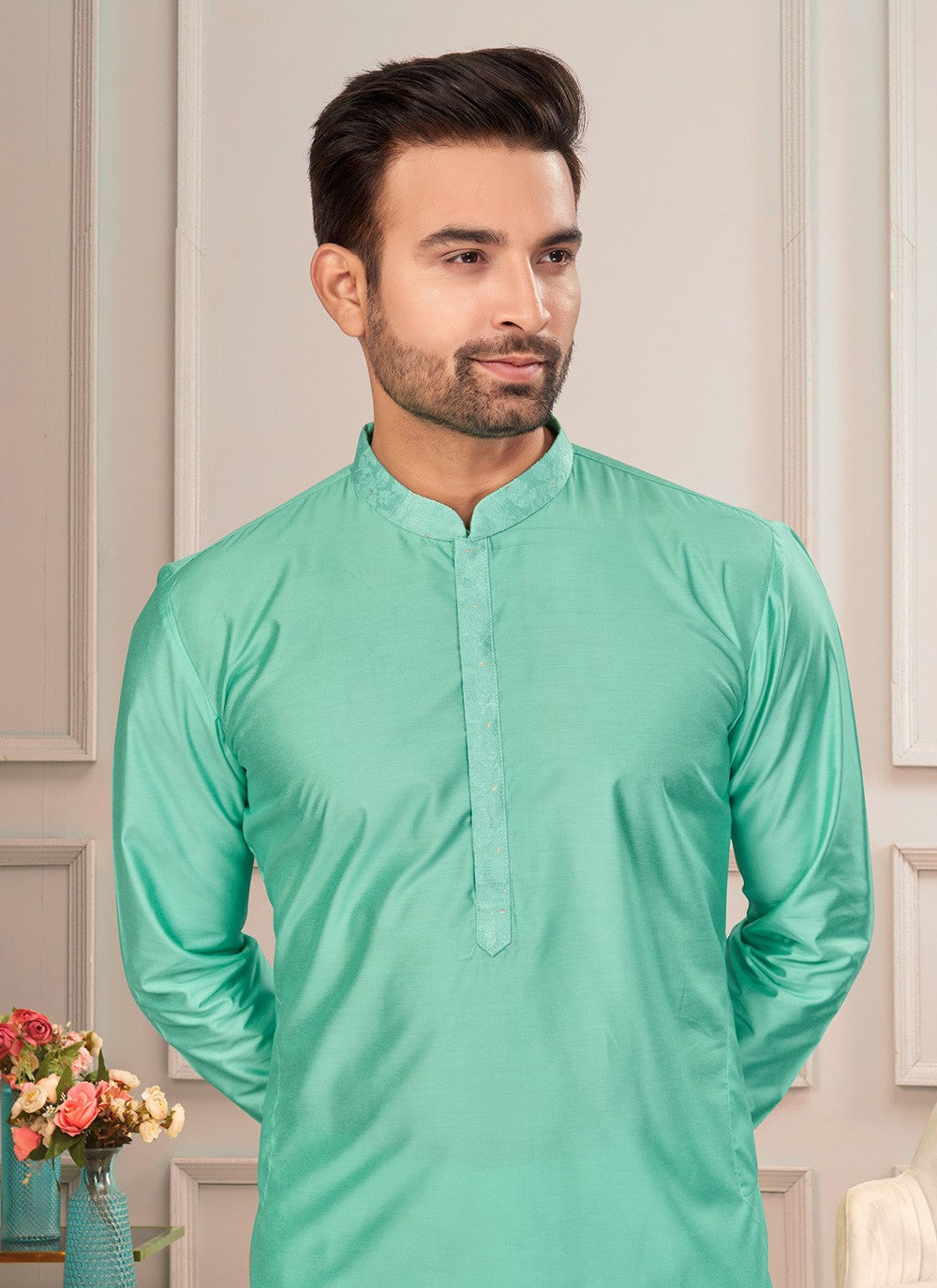 Plain Art Dupion Silk Green Kurta Pyjama - M7259