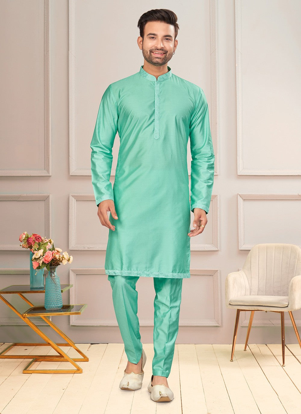Plain Art Dupion Silk Green Kurta Pyjama - M7259